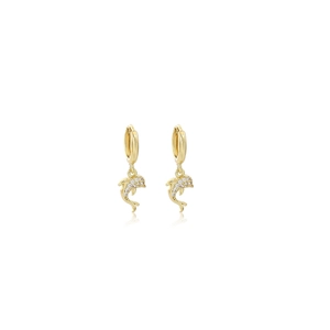 Detailed view of golden dolphin hoop earrings with sparkling cubic zirconia pavé stones