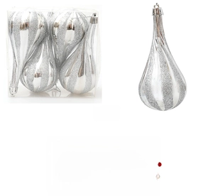 Detail of silver glitter teardrop Christmas ornaments with elegant silver caps and packaging