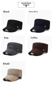 Flat top military cap details with metal buckle in black, navy, grey, coffee and khaki