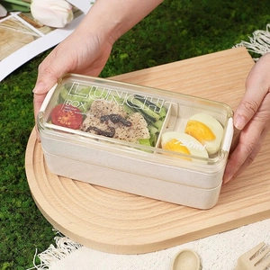 Double-layer 750ml rectangle bento box in creamy white with cutlery for picnic and work