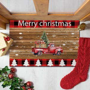 Christmas flannel absorbent doormat with red truck design and buffalo plaid border