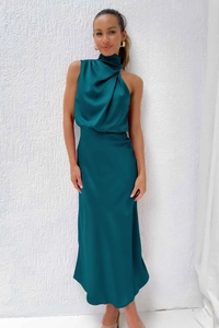Deep teal satin midi dress with halter neck and elegant slim fit draping detail