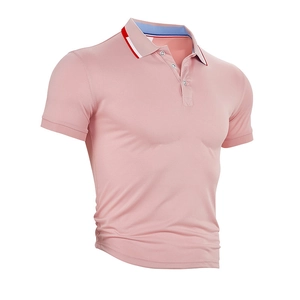 Detailed view of pink polo shirt collar with red and white stripe accents and mesh texture