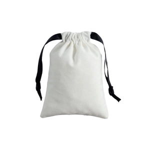Minimalist beige cotton linen jewelry drawstring bag with elegant black ribbon closure