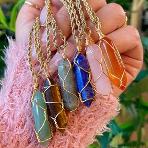 Hexagonal Prism Crystal Pendant Necklace Stainless Steel Wire Wrapped Bohemian Retro Jewelry For Women Gold Rope Chain