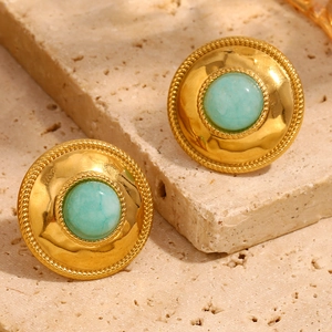 Macro detail of gold plated stainless steel earring featuring an amazonite gemstone center