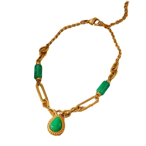 Gold stainless steel necklace with green stone beads and a teardrop-shaped pendant