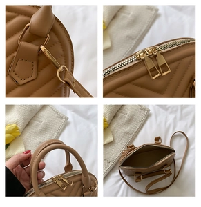 Detailed views of V-quilted shell bag featuring gold hardware and zipper details
