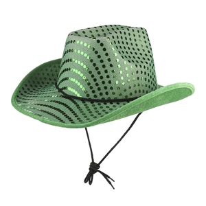 Detailed view of green sequined cowboy hat featuring shimmering wave texture and chin strap