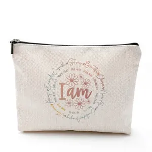 Canvas makeup bag with motivational print and secure zipper for travel storage