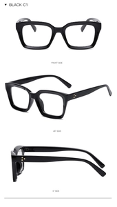 Three views of high-gloss black square C1 eyewear frames with a modern minimalist aesthetic