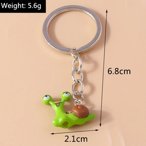 Detail view of a green snail keychain with dimensions and weight measurement annotations