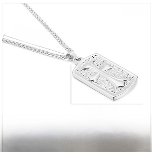 Detailed view of stainless steel dog tag necklace with cross pattern and dimensions