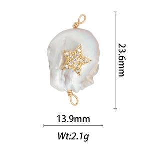 Baroque pearl pendant with golden star zircon inlay, size 23.6mm x 13.9mm for jewelry making