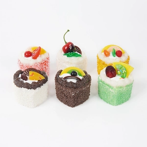 Set of 6 realistic PU heart mousse cake magnets with faux fruit and cream decorations