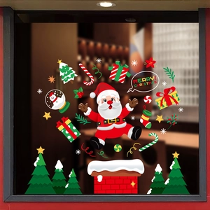 Christmas static window stickers featuring Santa, snowmen, and gifts on glass