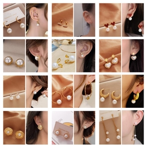 Elegant Artificial Pearl Earrings For Women Gold Plated Stainless Steel Stud Drop Hoop Vintage Geometric Jewelry Accessory