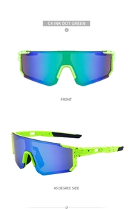 Front and 45-degree side views of ink dot green cycling sunglasses with colorful lenses