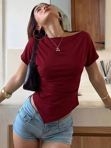 Slim fit wine red short sleeve T-shirt with irregular hem for women spring style