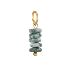 Detail of ice cream style jewelry pendant with green stone beads and golden metal loop