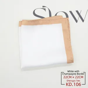 Detail view of white satin pocket square with champagne edges, size 22cm x 22cm