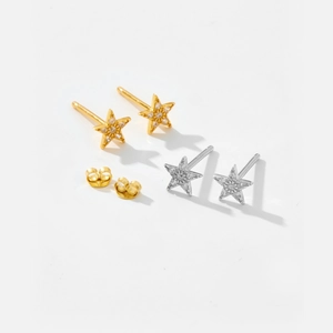 Detailed view of S925 sterling silver star stud earrings in gold and silver finishes