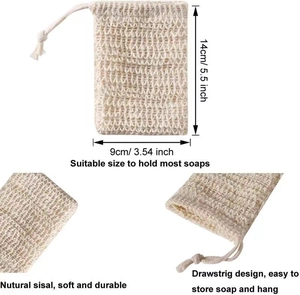 Natural sisal soap bag with drawstring, exfoliating mesh net measuring 14x9cm for foaming