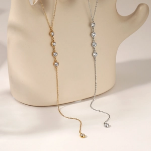 Collier Long En Y Acier Inoxydable 304 Zircone Cubique Plaque PVD Imperméable Hypoallergénique Bijoux Mode Femmes