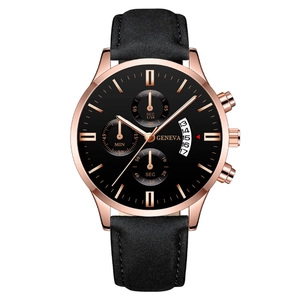 Montre à quartz pour hommes avec boîtier or rose, bracelet cuir noir et affichage de date