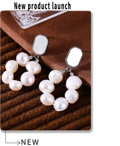 Macro view of circle freshwater pearl drop earrings with rectangular shell inlay details