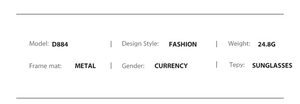 Detailed technical specifications for D884 metal frame sunglasses weighing 24.8g