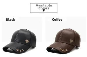Detail view of winter leather baseball caps in black and coffee with NY&JA embroidery