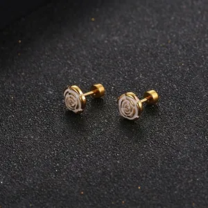 Elegant gold-plated rose stud earrings with white enamel finish and screw-back closure