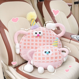Pink lamb wool monster car headrest and neck pillow set with waffle texture on leather seat