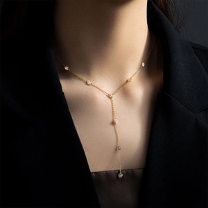 Elegant gold S925 sterling silver Y-shaped tassel necklace with sparkling zircon stones