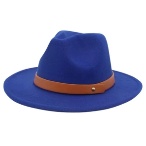 Close-up of royal blue fedora with dark brown leather belt and gold rivet detail