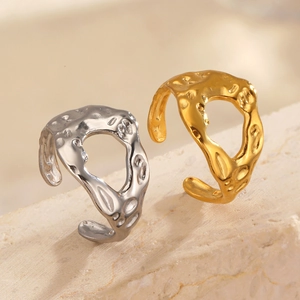 Stainless Steel Irregular Hammered Ring 18K Gold Plated Hollow Heart Adjustable Open Finger Jewelry For Women