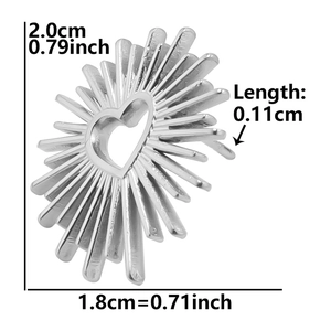 Macro shot of silver heart sunburst earring pendant showing 2.0cm height dimensions