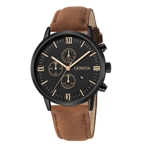 Business men's Geneva quartz watch with black dial and brown suede strap in white background
