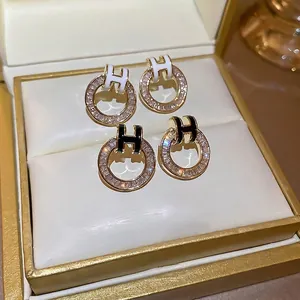 H Letter Hoop Earrings With 925 Sterling Silver Earring Post Gold Plated Cubic Zirconia Enamel Elegant Jewelry For Women