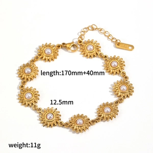 18k gold plated stainless steel sunflower bracelet with pearls for women on white background