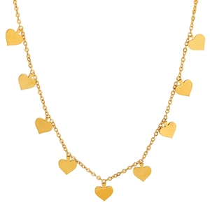 Detail of a gold choker necklace featuring multiple spade-shaped pendants on a fine chain
