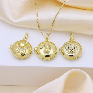 Round Copper Locket Necklace With Bear And Virgin Mary Cubic Zirconia Fashion Pendant Jewelry For Women