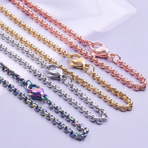 Chaînes ronds 2.5mm en acier inoxydable rose doré, or, argent et arc-en-ciel avec fermoirs
