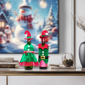 Christmas wine bottle cover set with green sequin dress and elf vest holiday decor