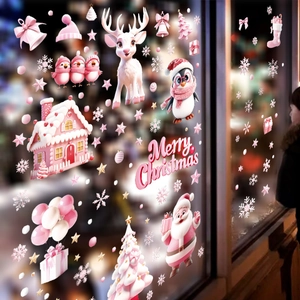 Stickers de fenêtre de Noël roses avec Père Noël et renne pour décoration de vitres