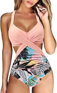Detail of waist cut-out design and tropical print on this one-piece monokini swimwear