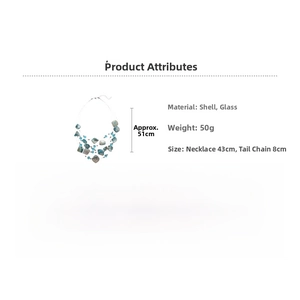 Detailed view of layered blue-green beaded necklace with shell accents and size dimensions