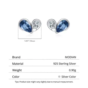 S925 sterling silver heart earrings with blue and white teardrop stones and measurements