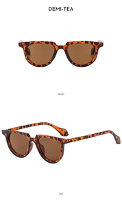 Front and side view of retro leopard print sunglasses with tea-colored lenses